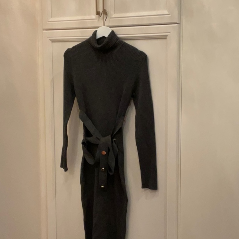 Marciano Gray ribbed turtle neck long dress below.